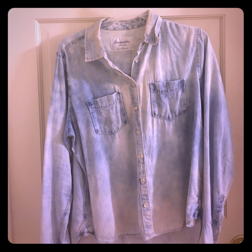 Distressed denim button up