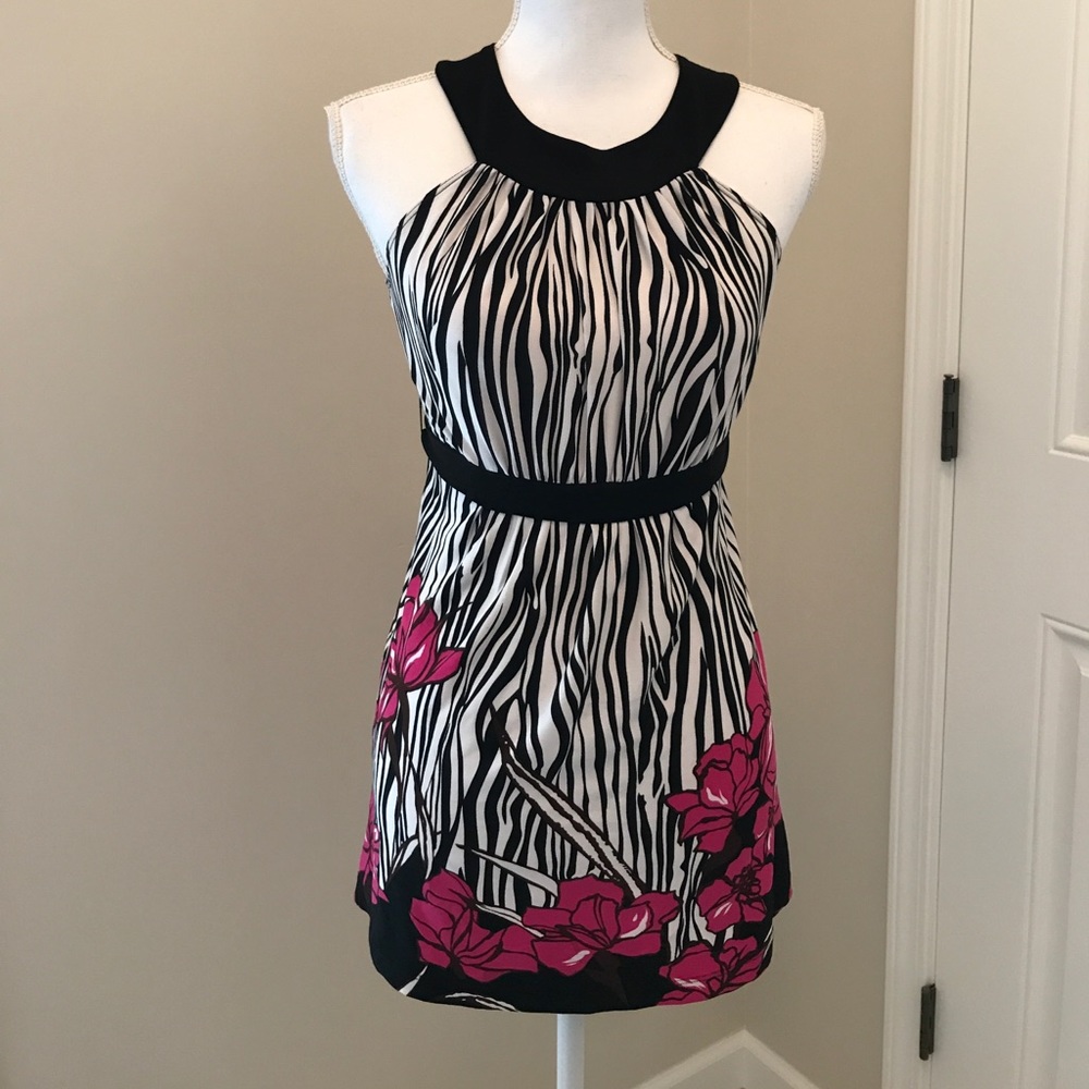 Black/pink flowered and zebra print tank top