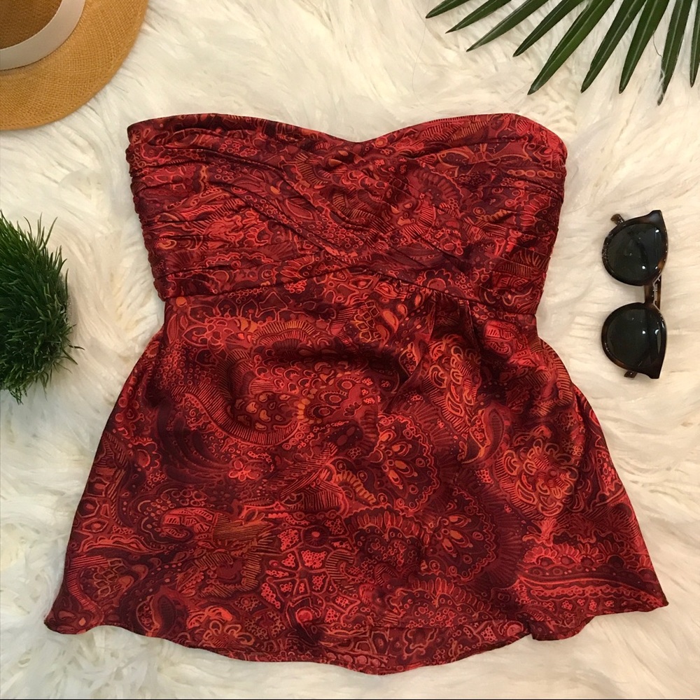 BR Floral Paisley Red Evening Pleated Silk Top