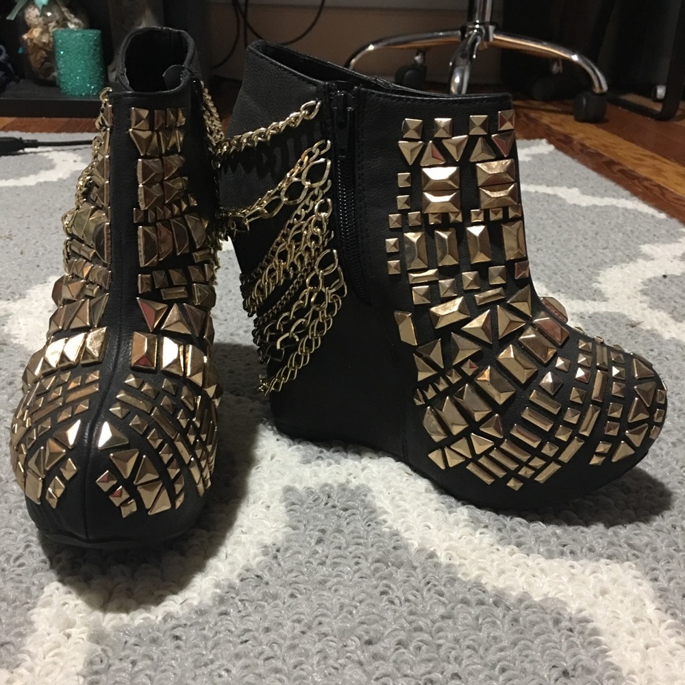 Black Studded Gold Chain Wedge Booties