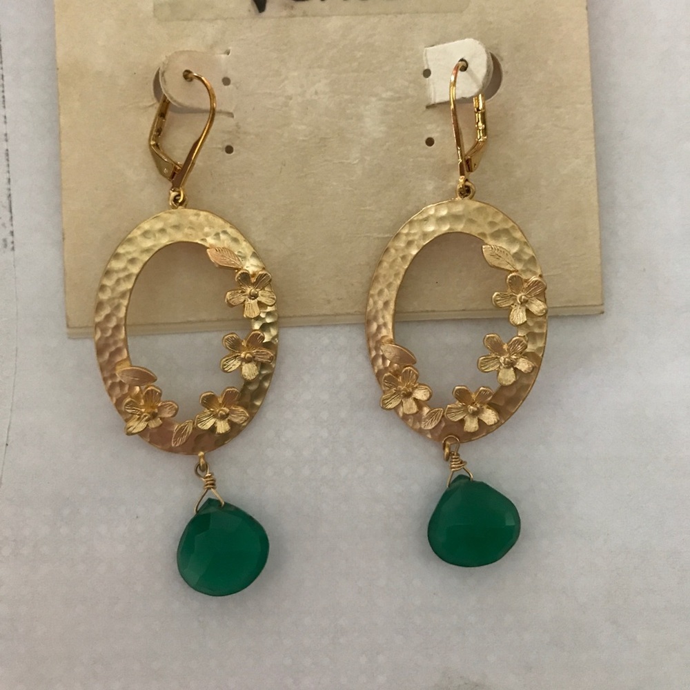 Green sapphire Gold Flower Earrings