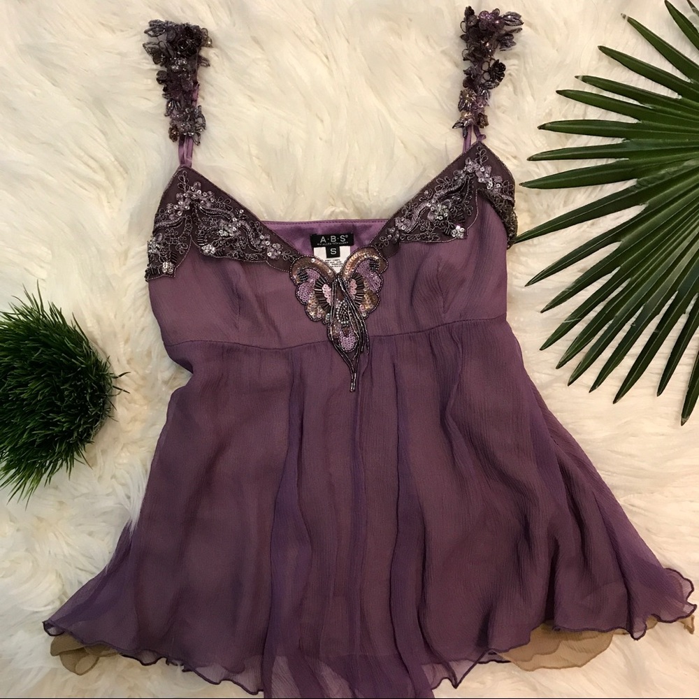 ABS Allen Schwartz Silk Beaded Evening Party Top