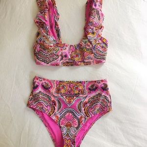 Scoop Neck Ruffled Top and High Waist Pink Bikini
