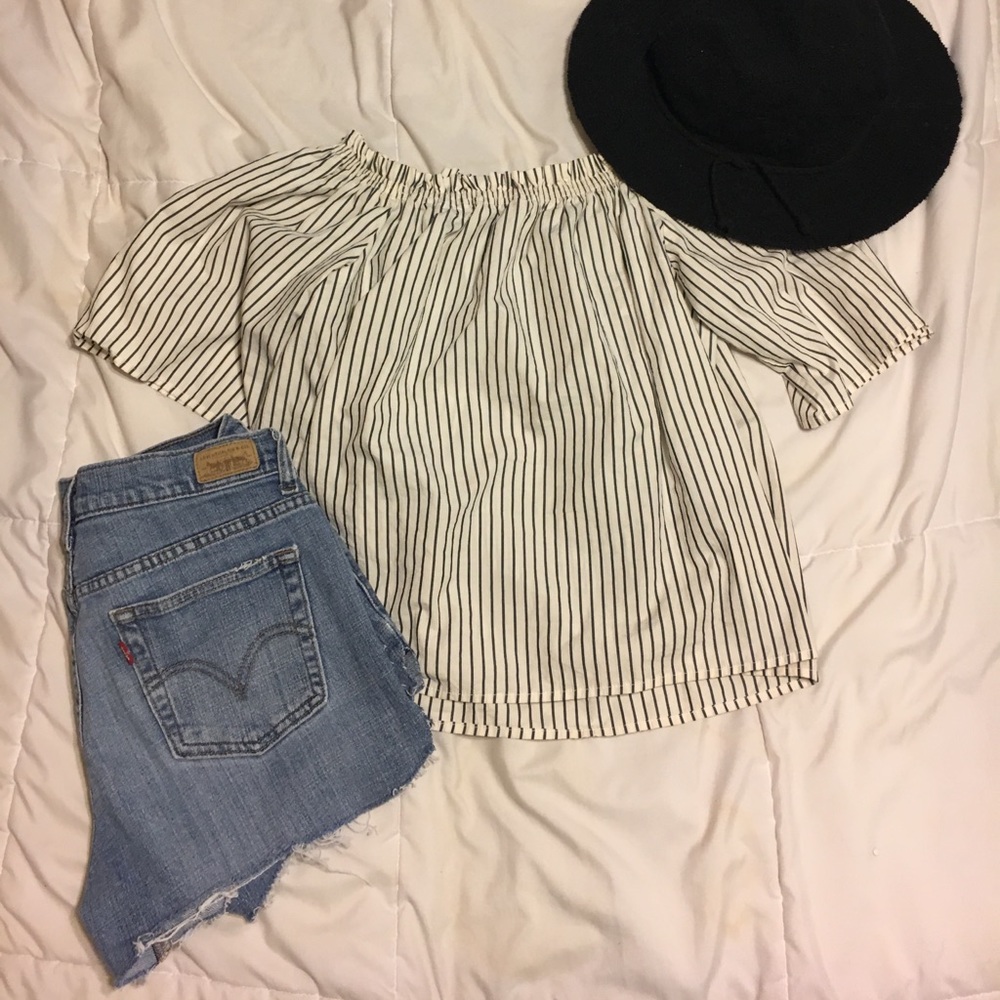 Light navy and white striped off the shoulder top
