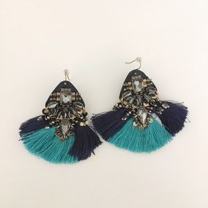Blue and Teal Statement Earring with Tassels