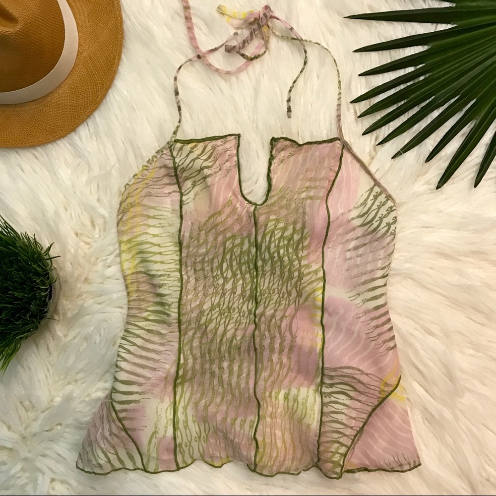Armani Exchange Pink Green Silk Halter Evening Top