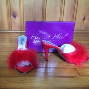 Red satin feathered kitten heels
