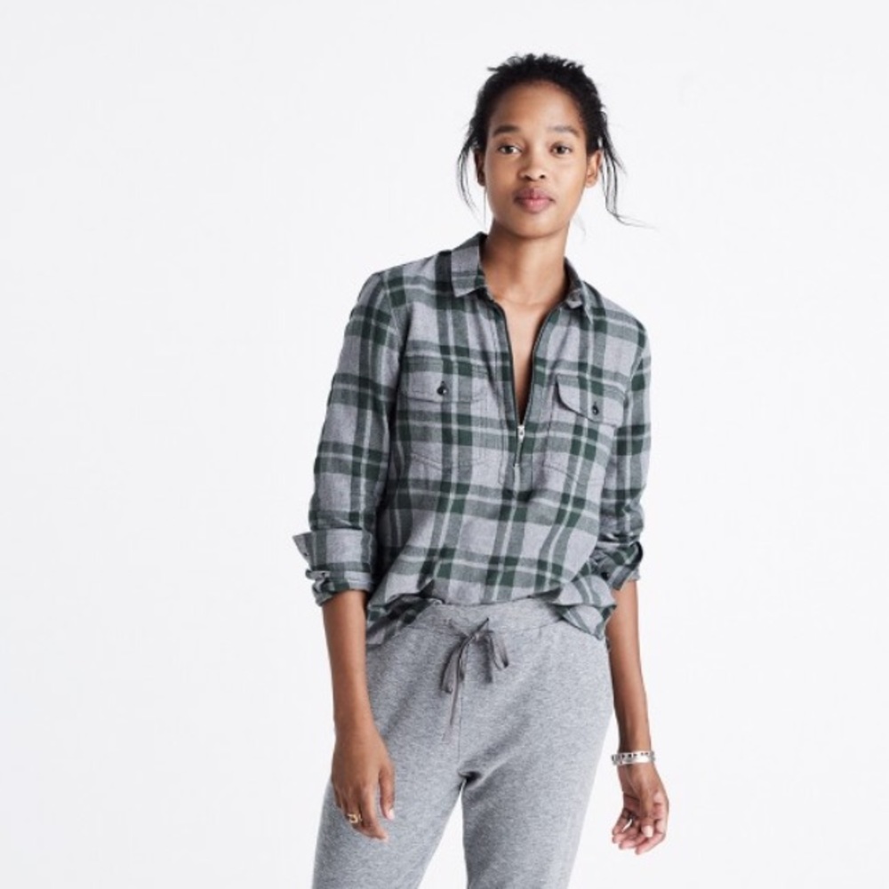 Madewell Flannel Zip Front Popover Shirt in Plaid