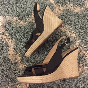 Black patent open toe wedge espadrille slingbacks