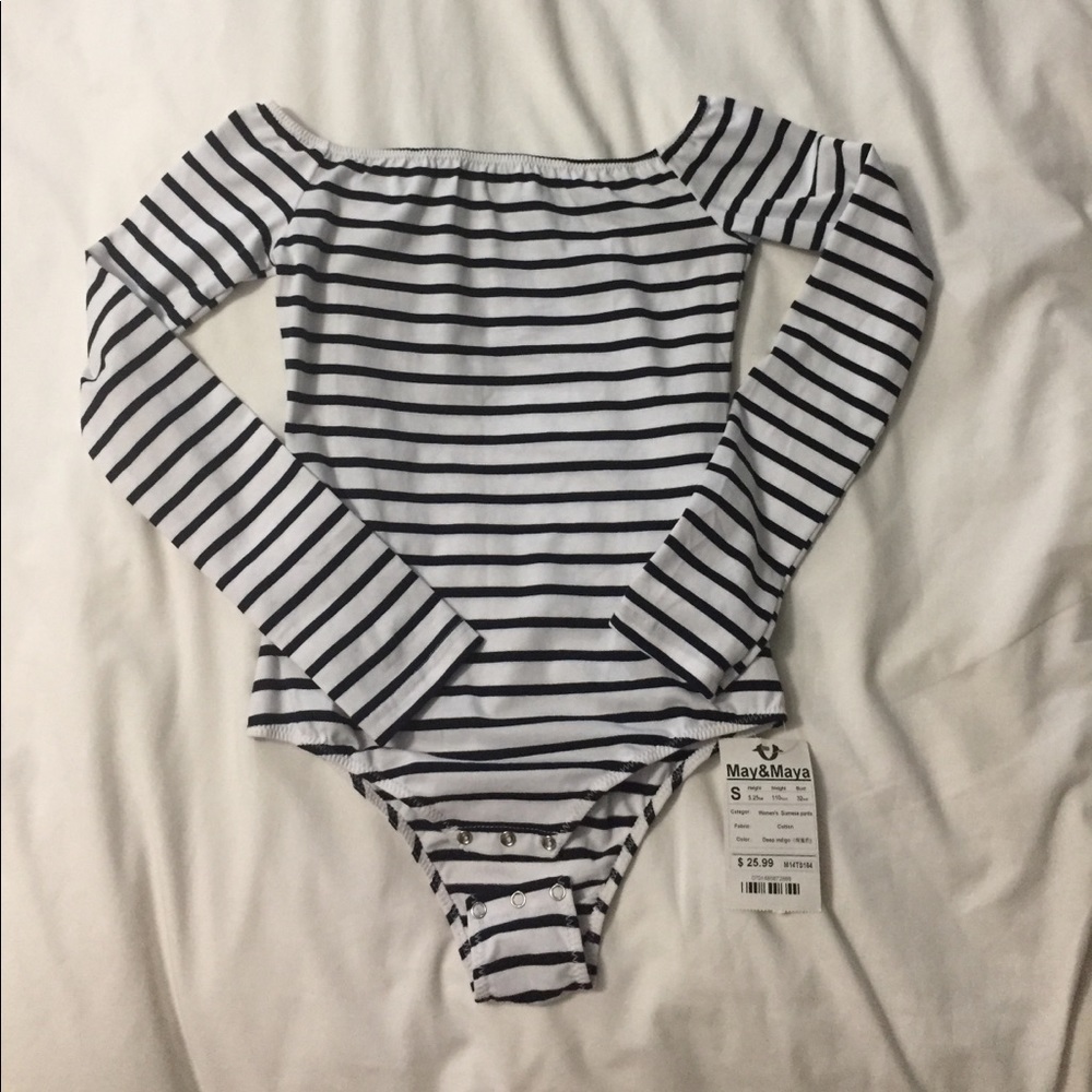 New navy blue& white striped off shoulder bodysuit