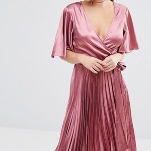 Pleated Satin Caftan Midi Dress