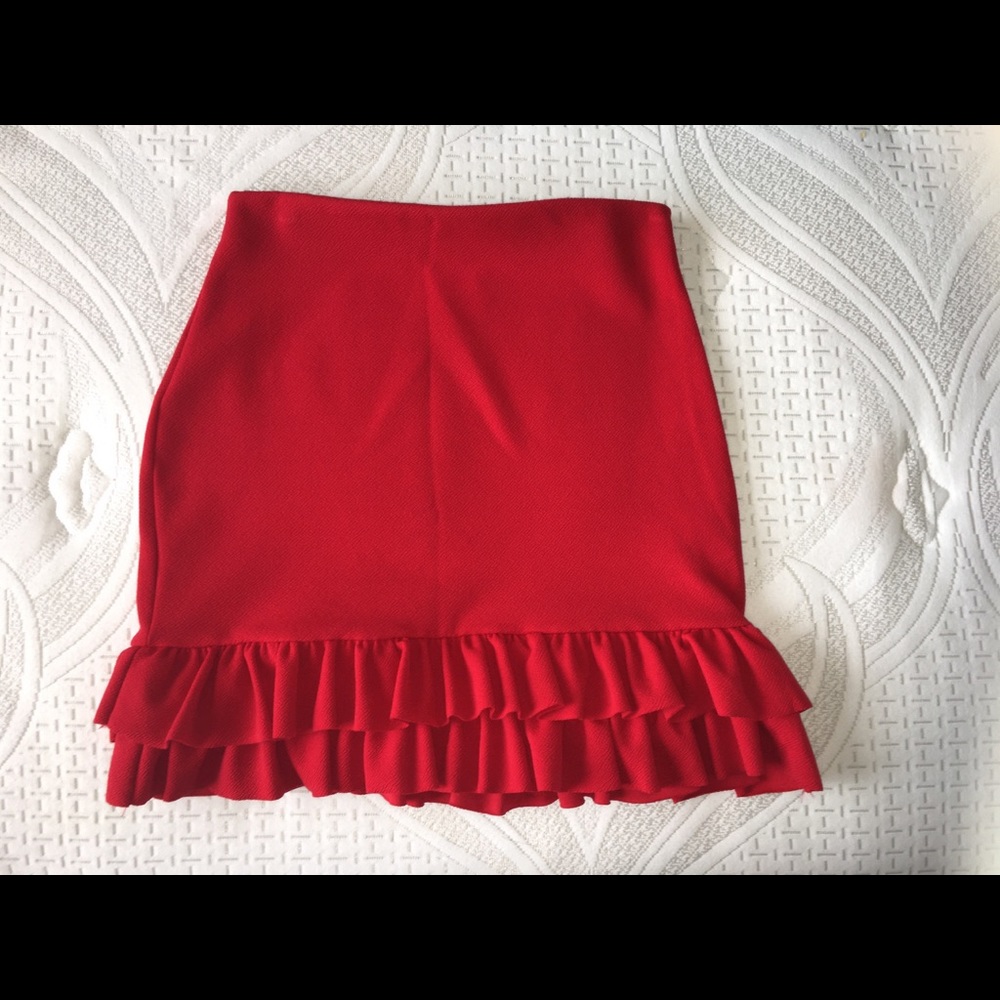 Bright red frill hem mini skirt