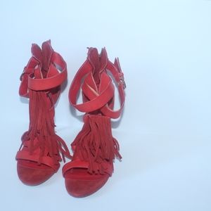 Bebe Red Fringe Sandler with Buckle Accent