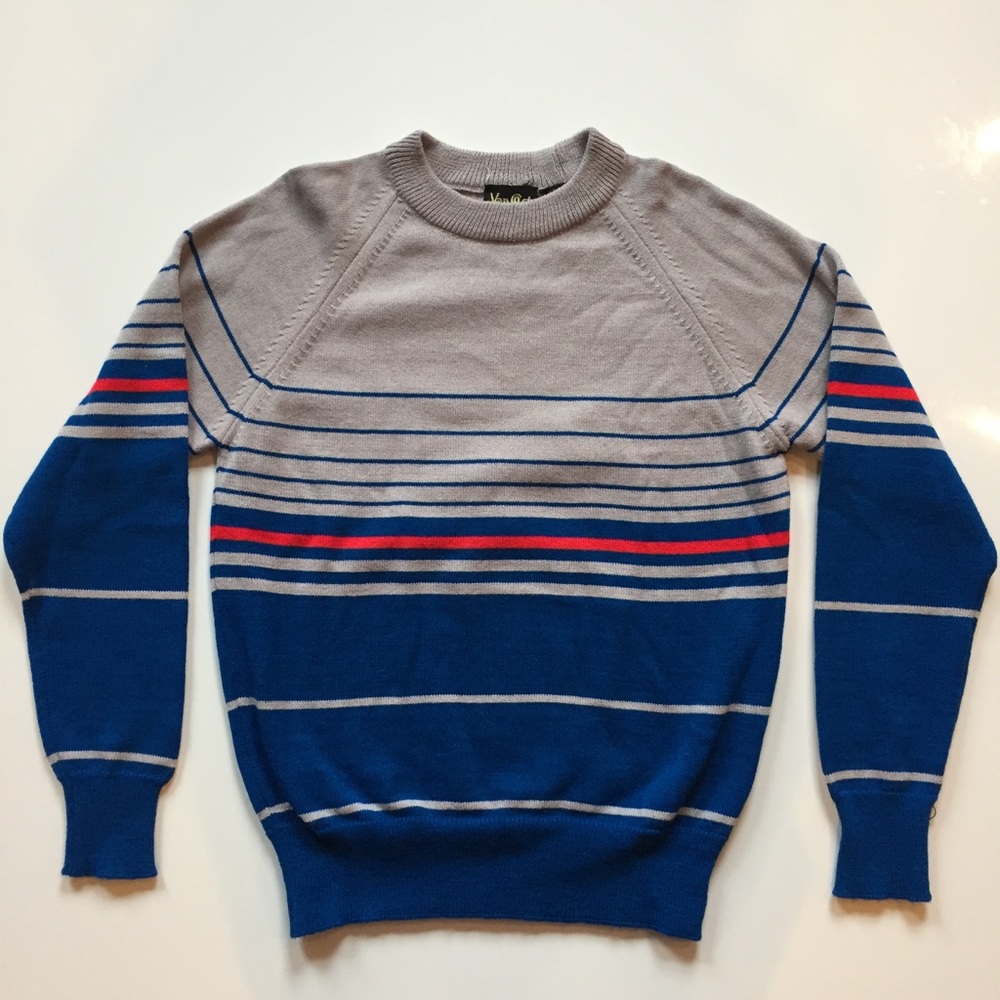Vintage Van Cort sweater taupe, blue, red