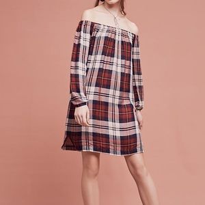 Anthropologie Plaid Off The Shoulder Tunic Dress