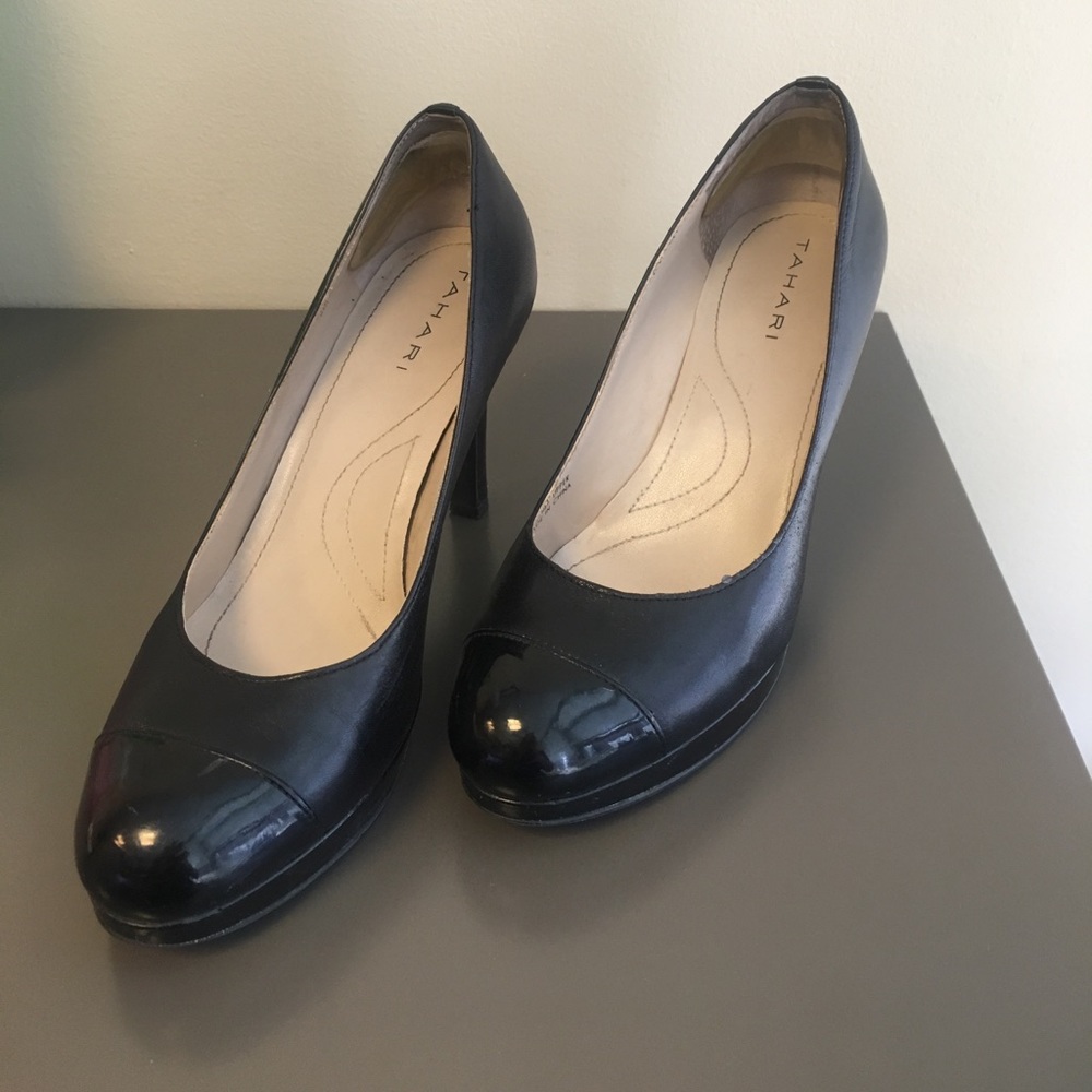 Tahari Laurie platform pumps with patent toe cap
