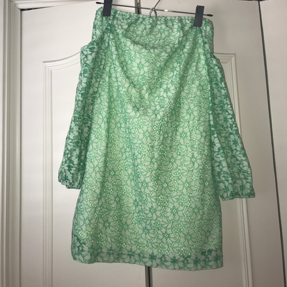 Green lace off the shoulder mini dress!!