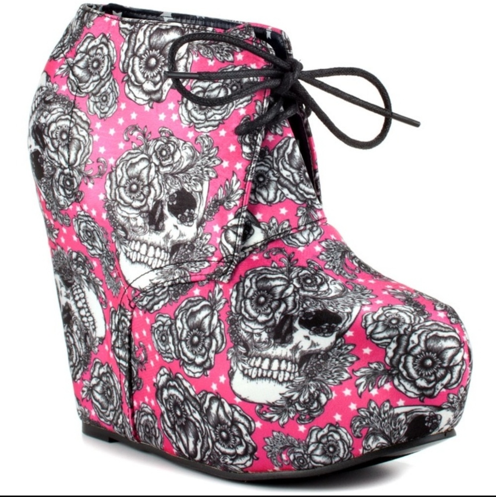 Iron Fist Pink Floral Skull Ankle Wedge Bootie