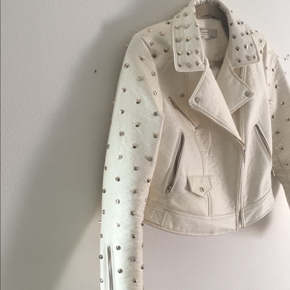 ZARA - Off White Studded Faux Leather Jacket Size