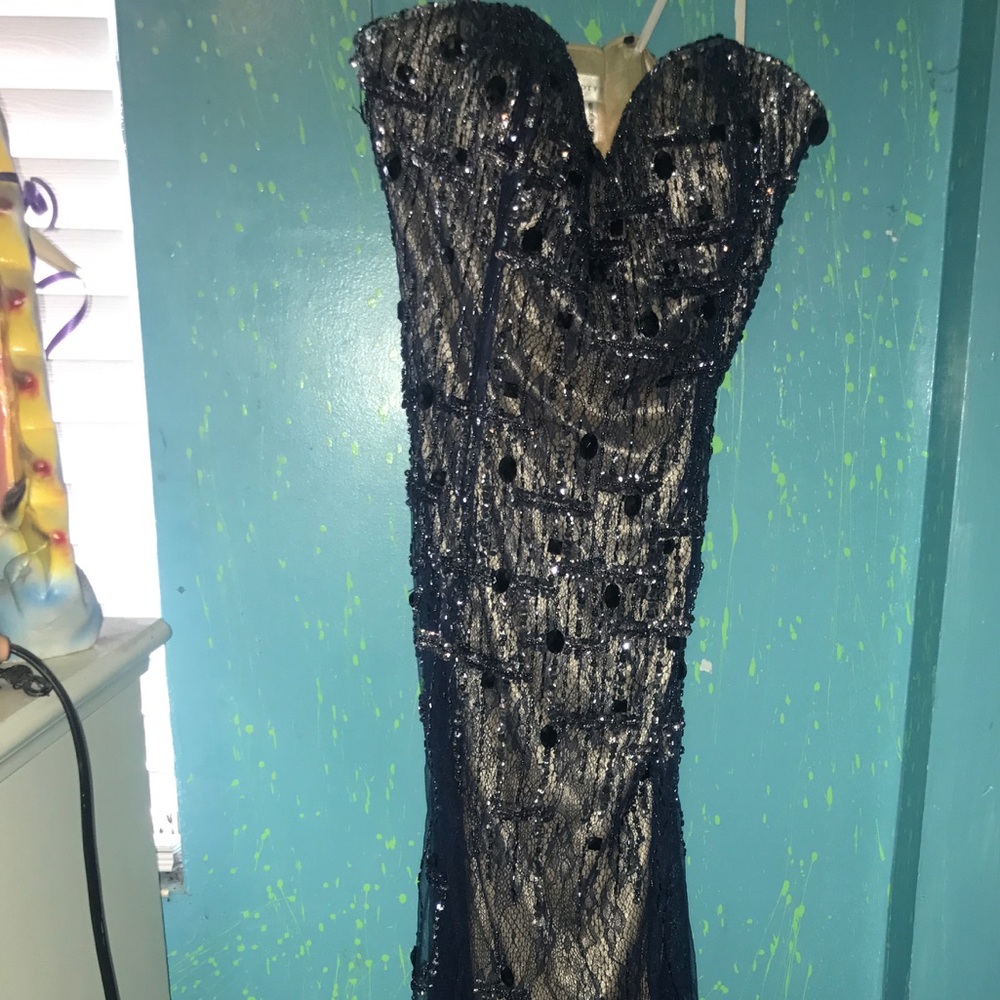 Navy and cream colored prom dress