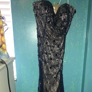 Navy and cream colored prom dress