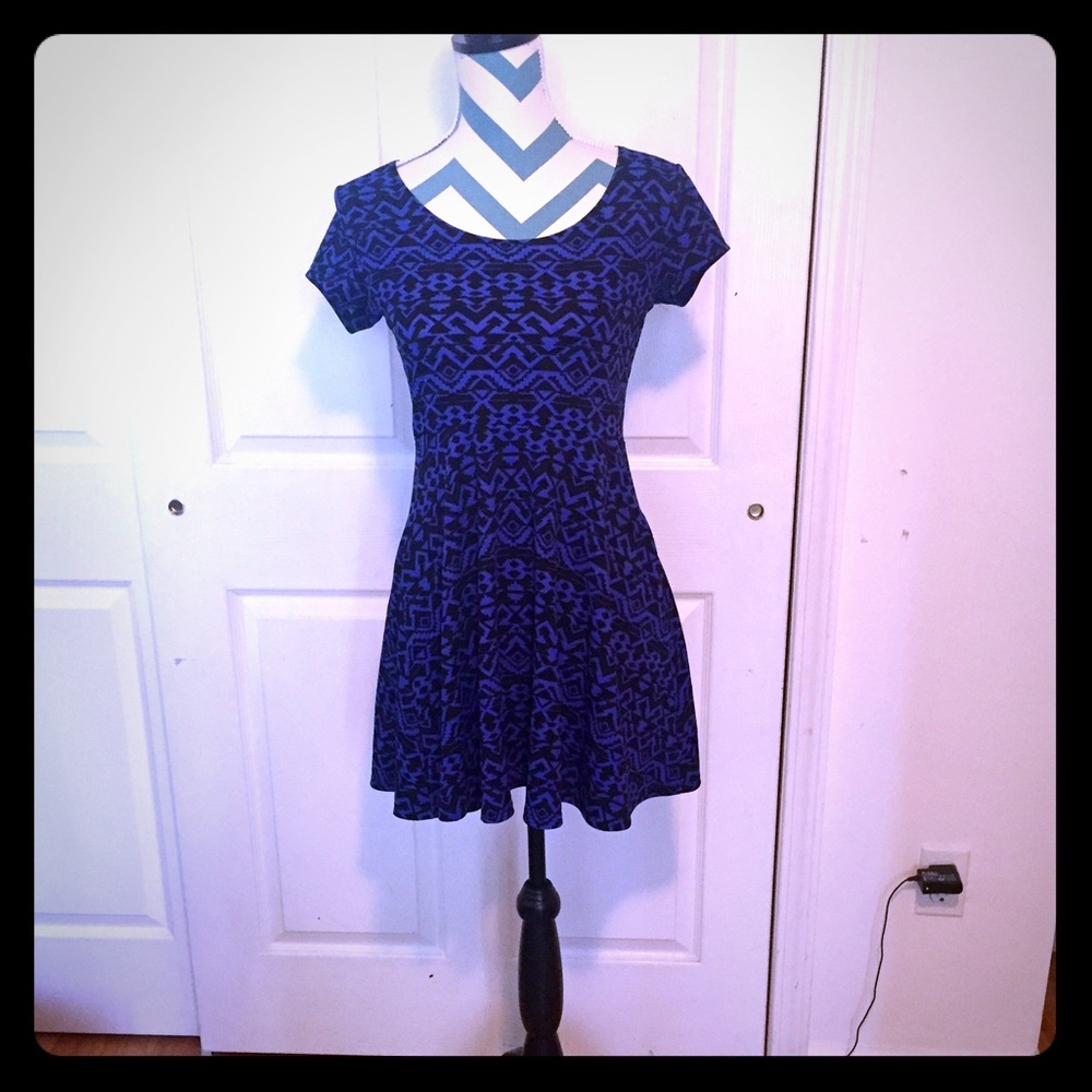 Royal Blue and Black Aztec print Skater Dress Med.