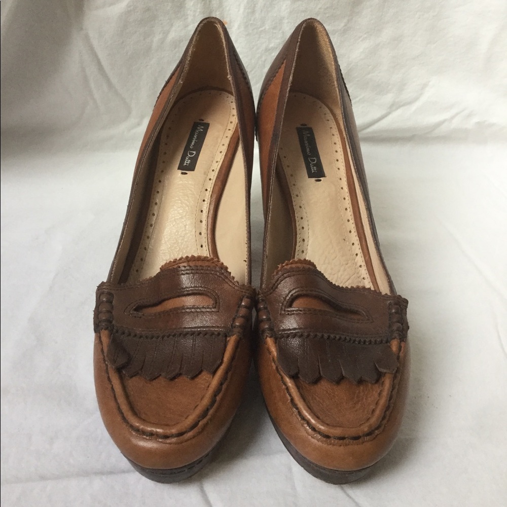 Massimo Dutti Brown Leather Heeled Penny Loafers