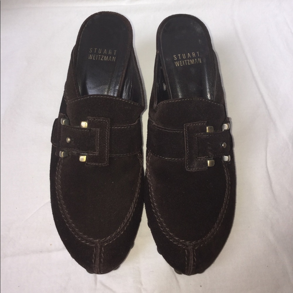 Stuart Weitzman Brown Suede Buckle Heeled Clogs