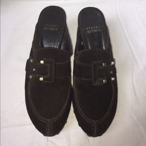 Stuart Weitzman Brown Suede Buckle Heeled Clogs