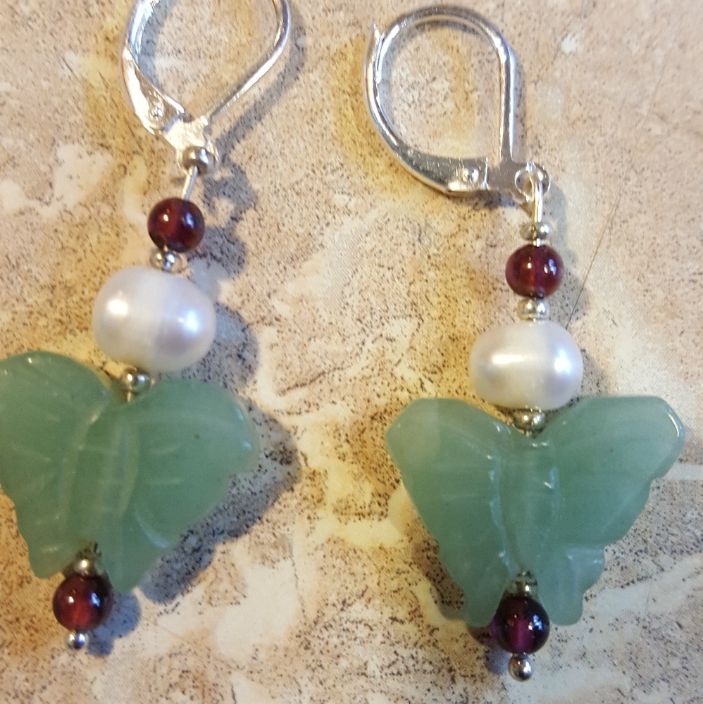 SOLD!Genuine Carved Adventurine Butterfly Earrings