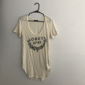 TWO Obey curved hem tees - one graphic, one plain