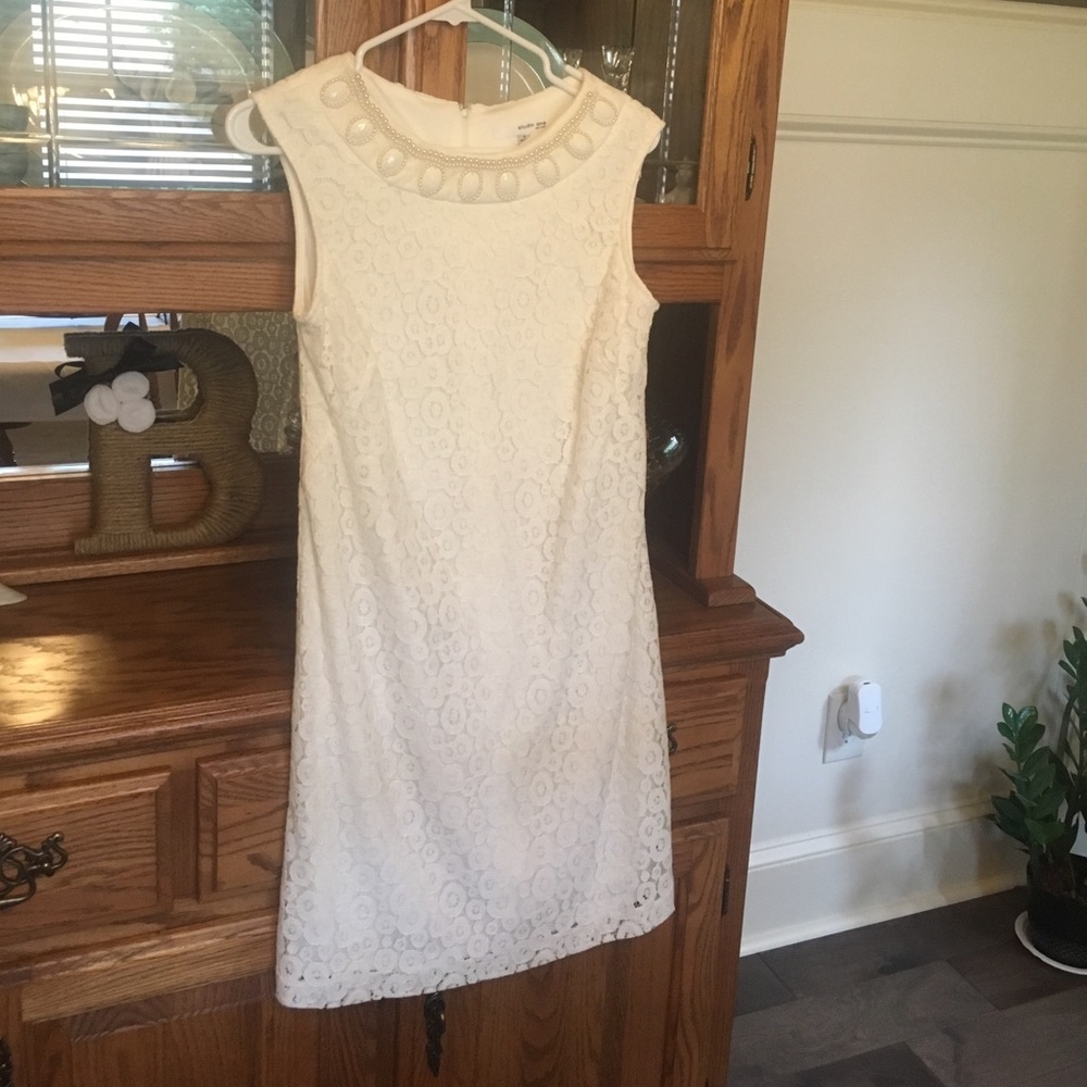 Lace Ivory Shift Dress with beaded neckline