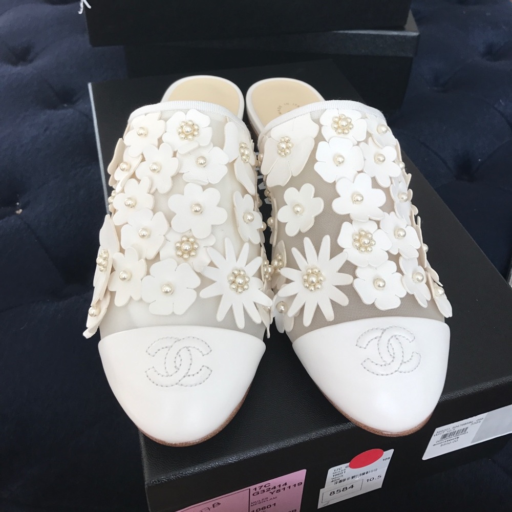Chanel white mules