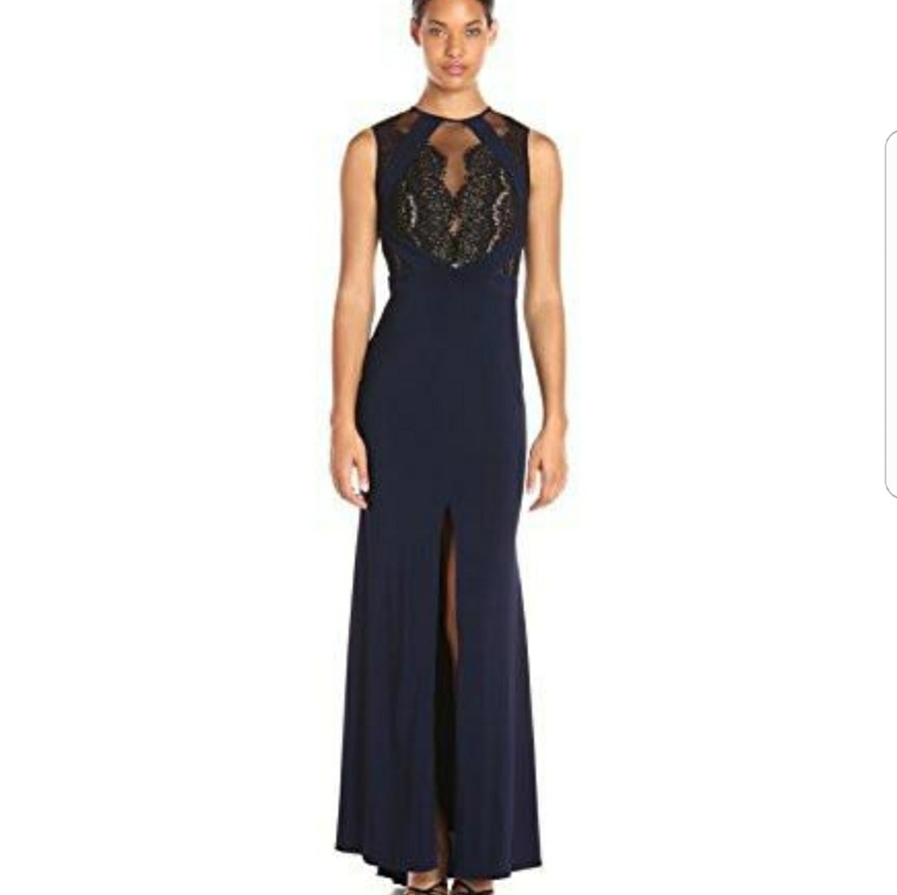 Xscape navy blue gown with black illusion bodice