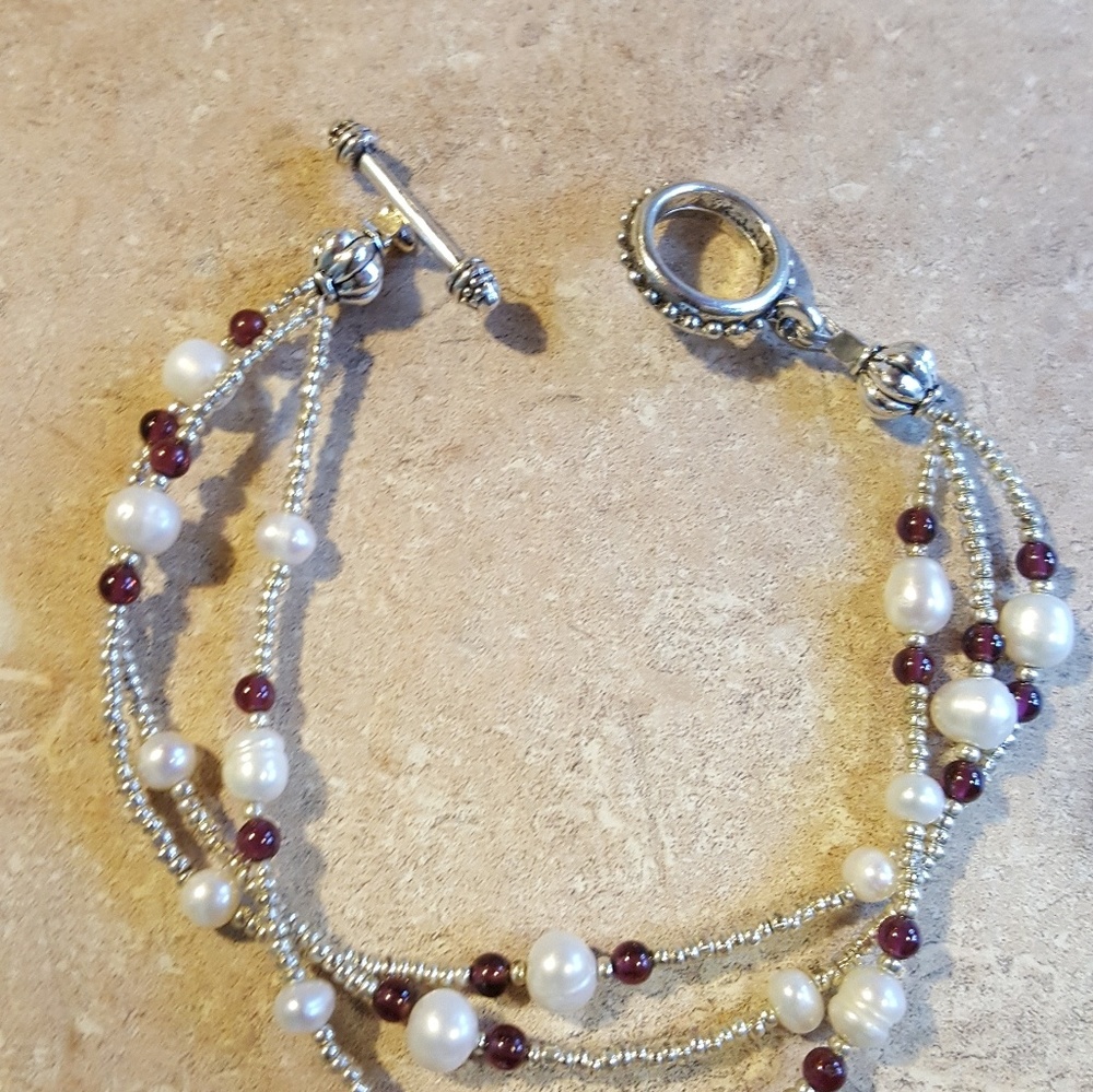 SOLD! Genuine Garnet and Pearl Plus-sized bracelet