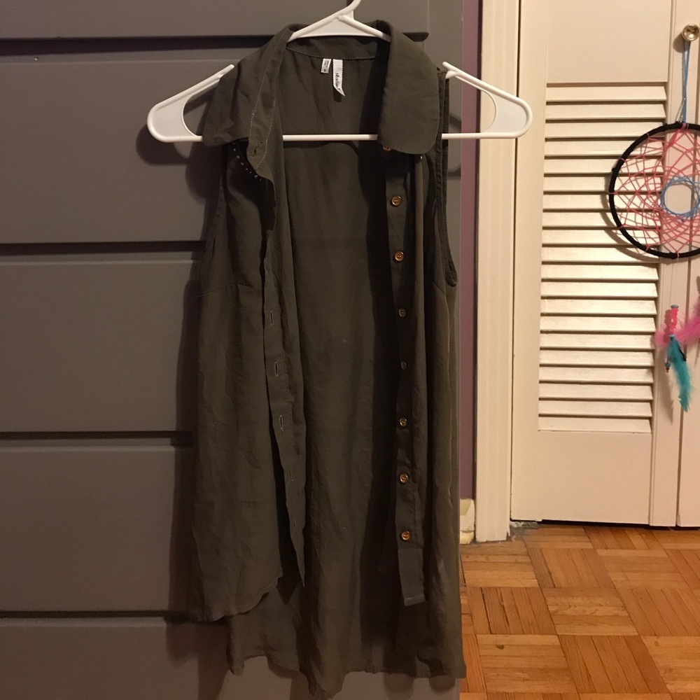 Small see through olive green button up tank