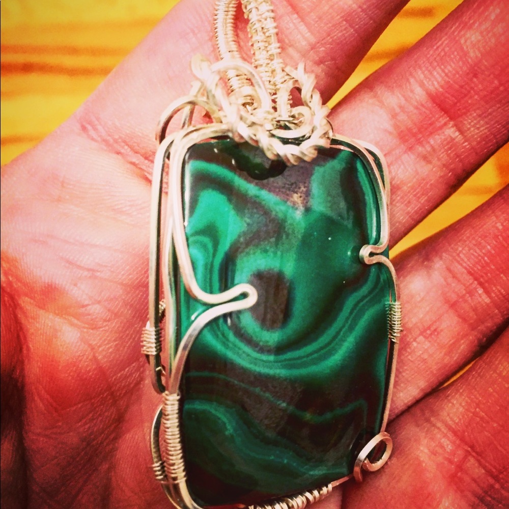 Malachite in Silver Wire Wrapped Pendant