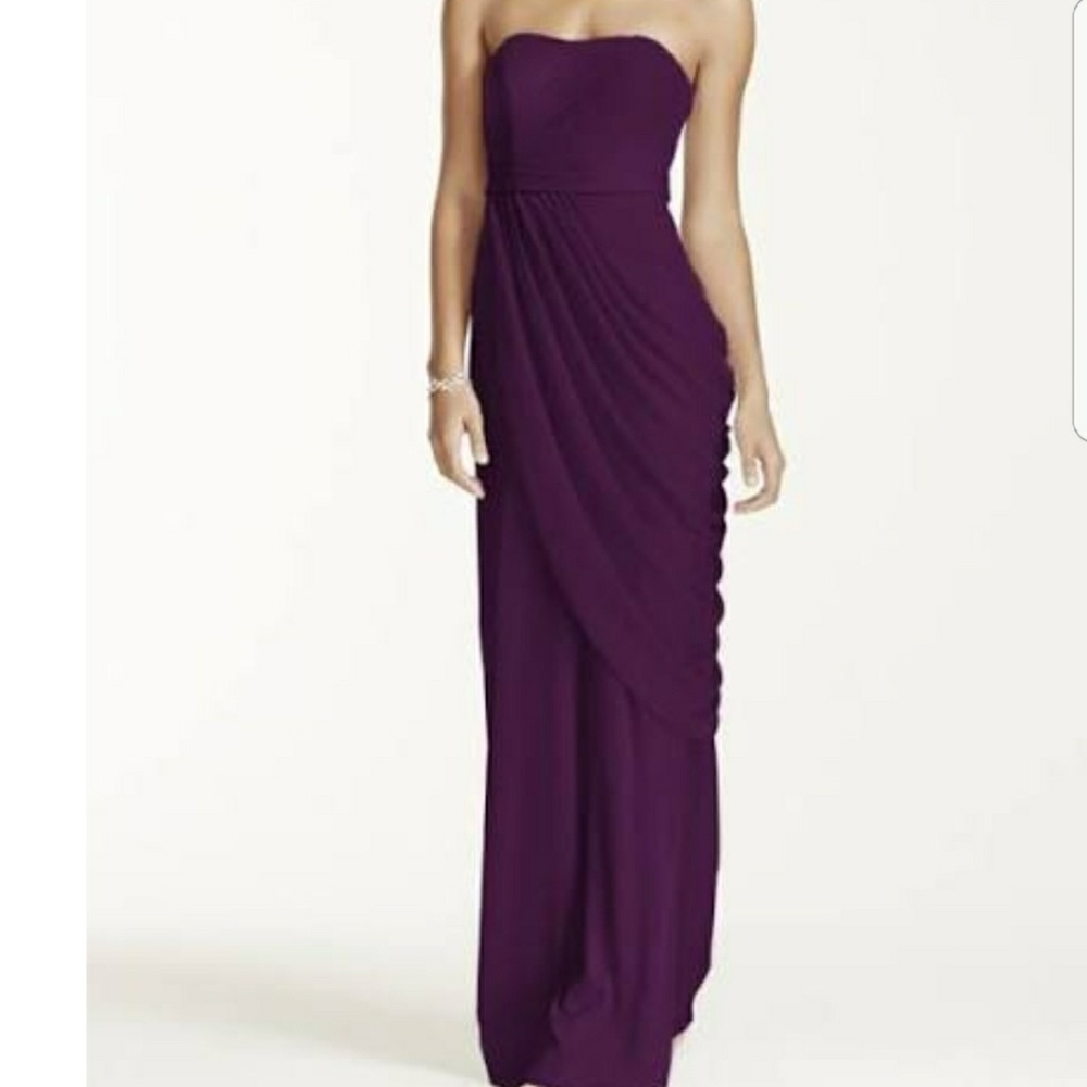 Plum David's Bridal long mesh dress with gathering