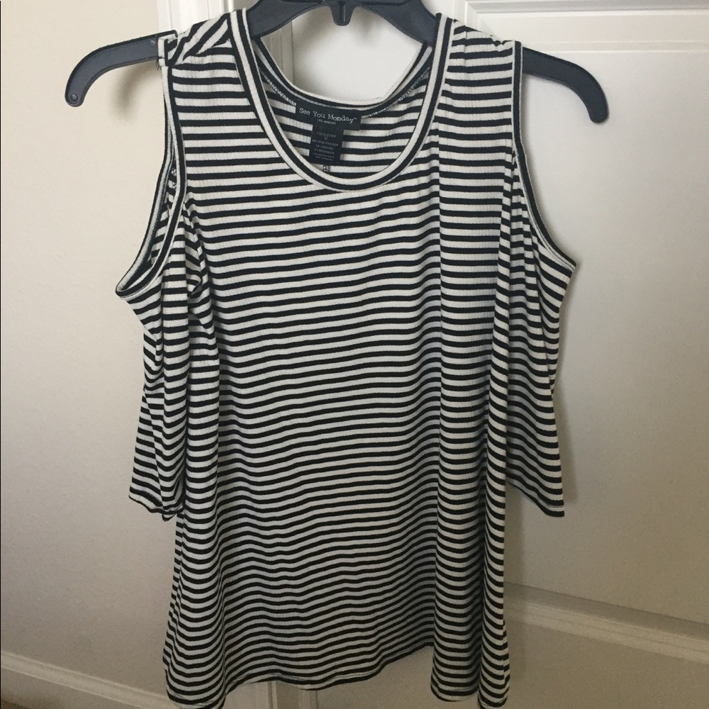 Medium, black & white strip shirt.