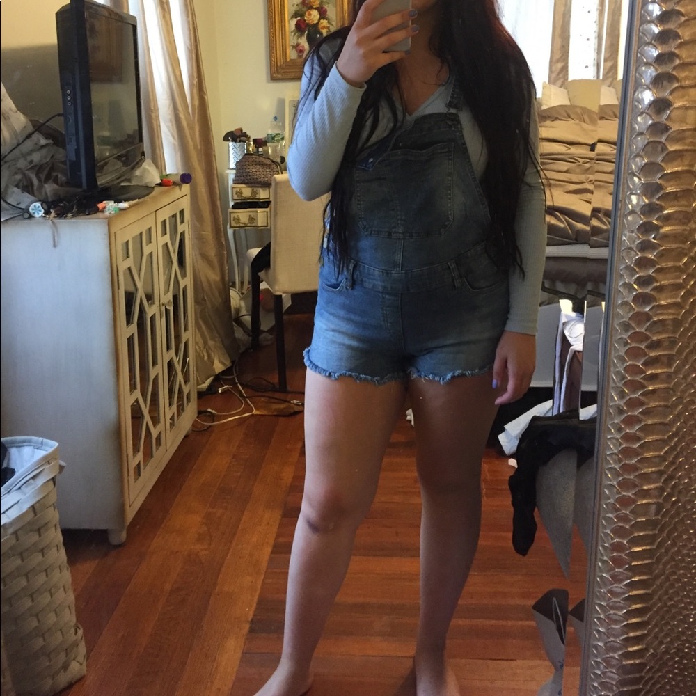 Short blue denim overalls