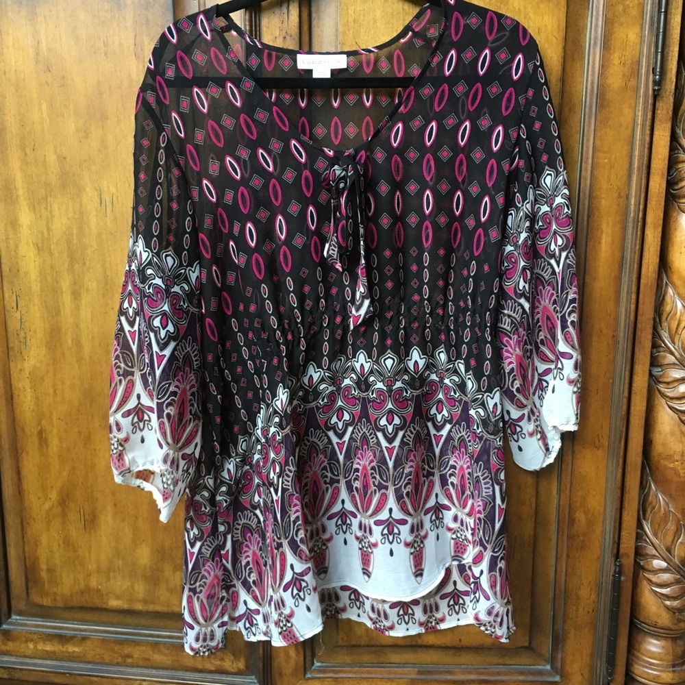 Sheer Coldwater Creek blouse with a fun pattern.