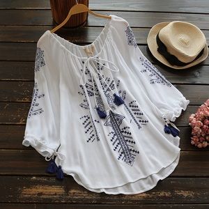 White & blue embroidered top with tassel ties NWOT
