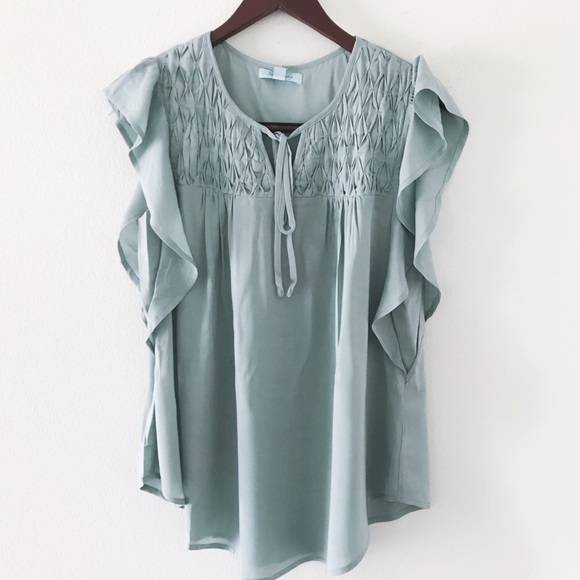She and Sky Tops - price firm | slate green ruffle sleeve blouse
