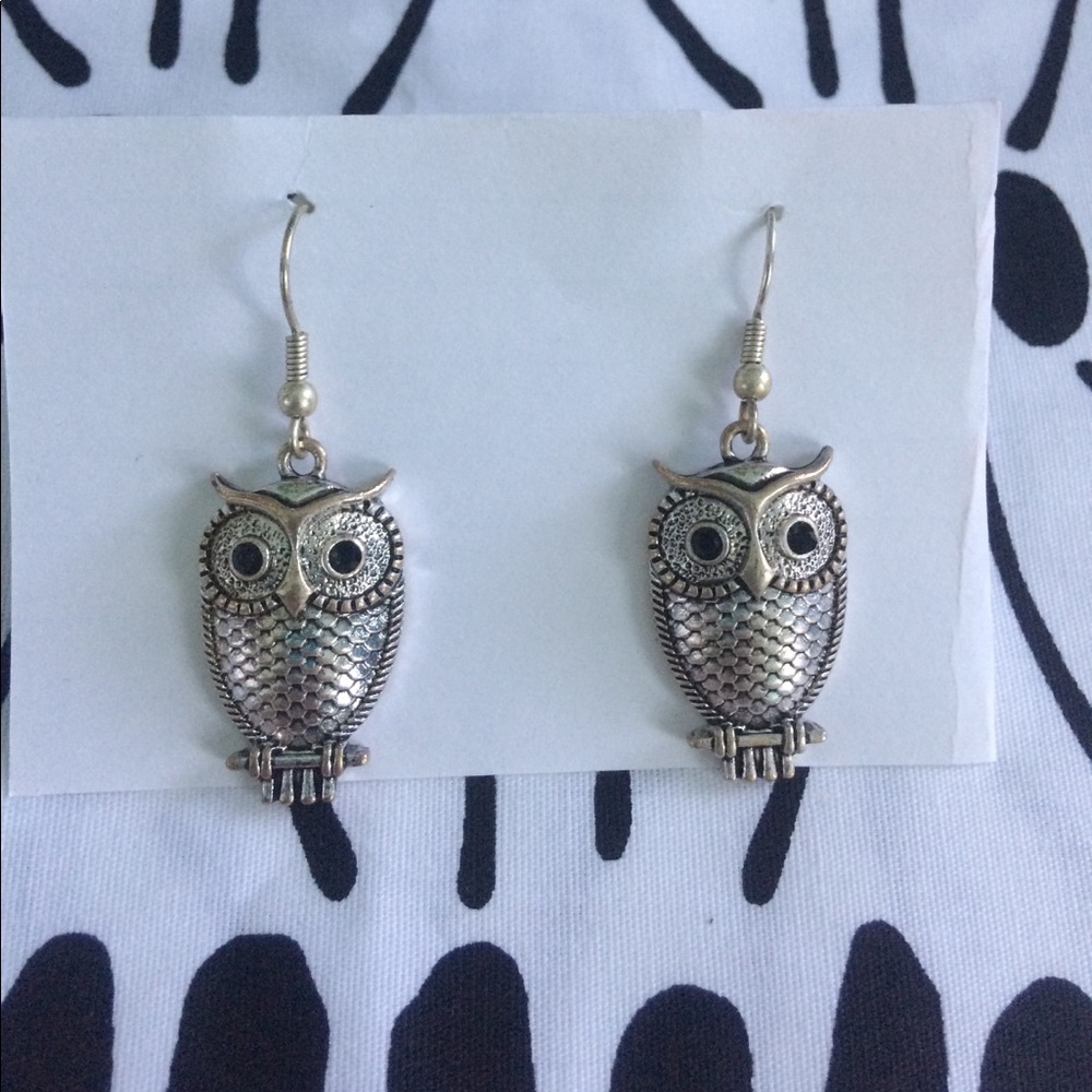 Silver Dangling Owl Earrings