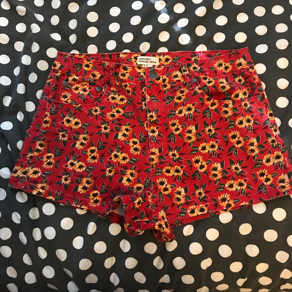 Forever 21 red floral denim shorts