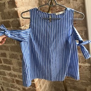 Light blue striped bare shoulder top