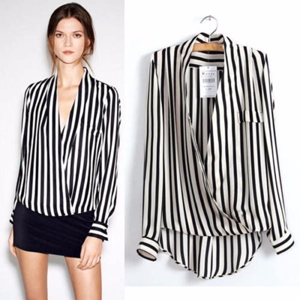 Striped chiffon Wrap front dip hem Blouse