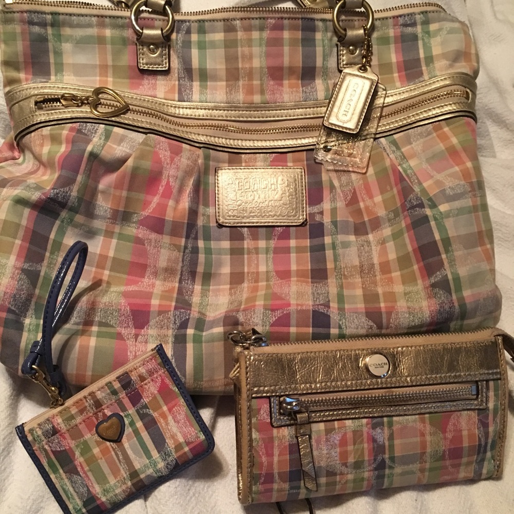 Authentic!! Coach poppy pastel plaid trio.