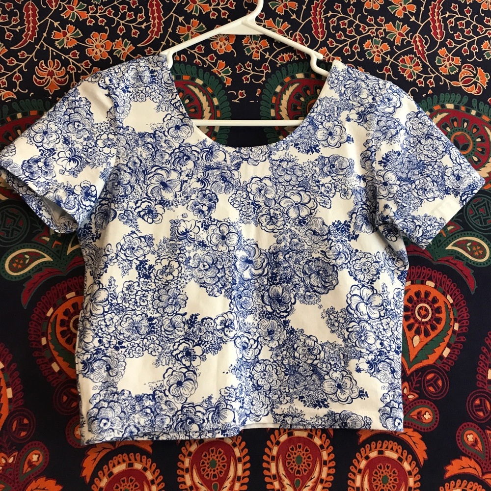 American Apparel white and blue floral crop top