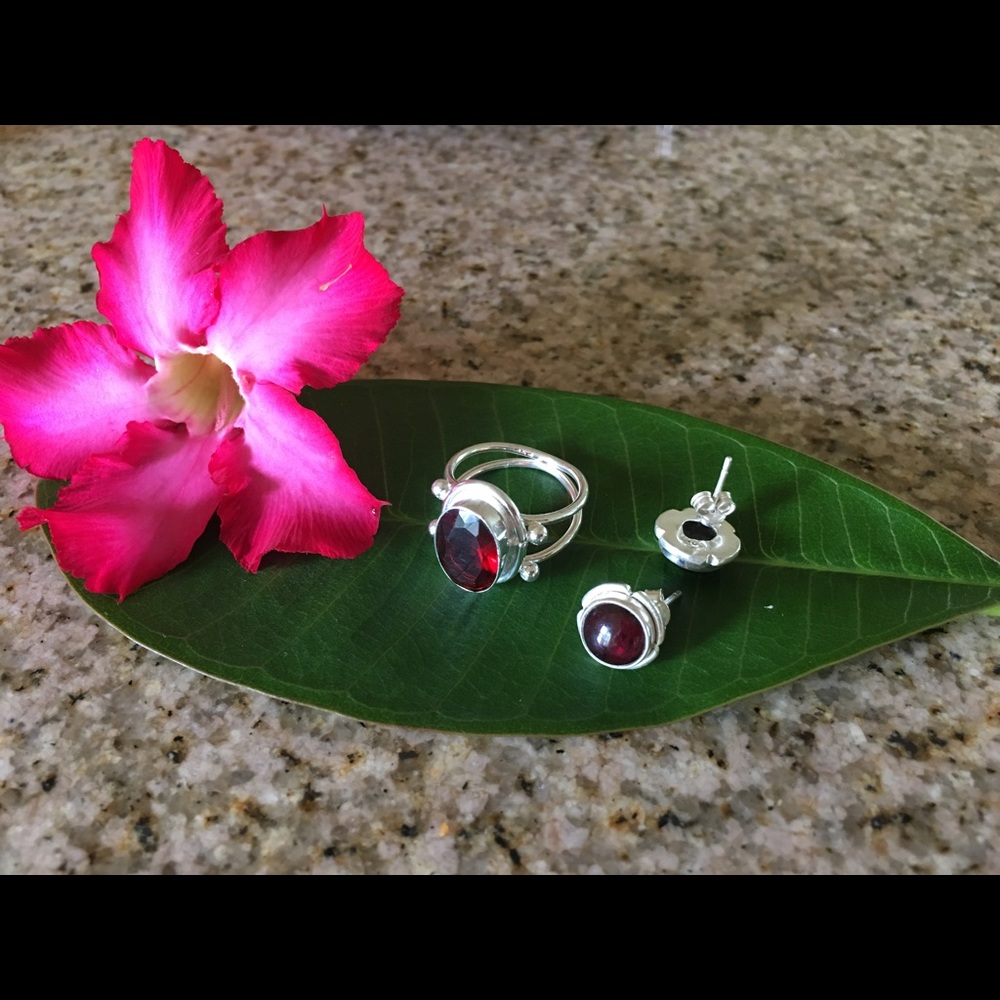 Genuine Garnet Ring and Earrings, Sterling Silver
